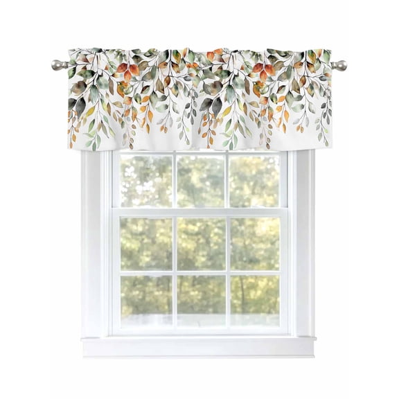 Fall Green Sage Leaf Valances for Windows Eucalyptus Leaf White Background Kitchen Valance Curtain Rod Pocket Small Curtains for Cafe Bathroom Laundry Basement 42" x 12"