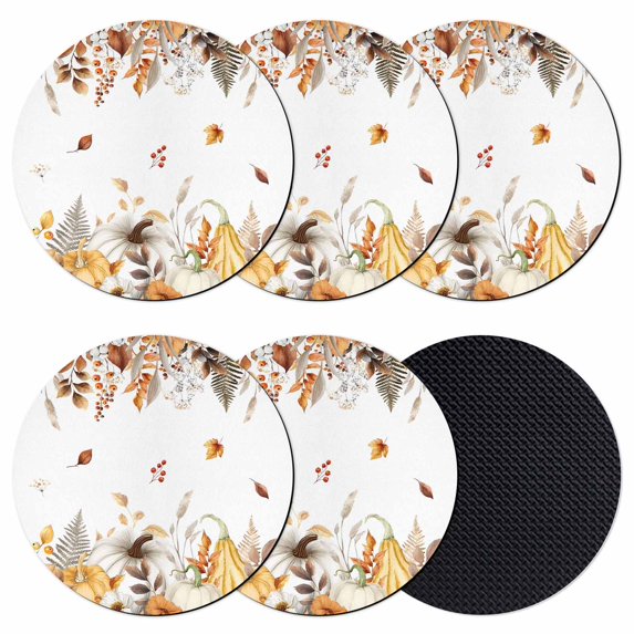 Fall Grey Orange Coasters Set of 6, Absorbent Coasters for Drinks, Thanksgiving Pumpkins Brown Maple Leaf Coaster for Desk Coffee Table Protection, Home Decor House Warming Gifts 4"