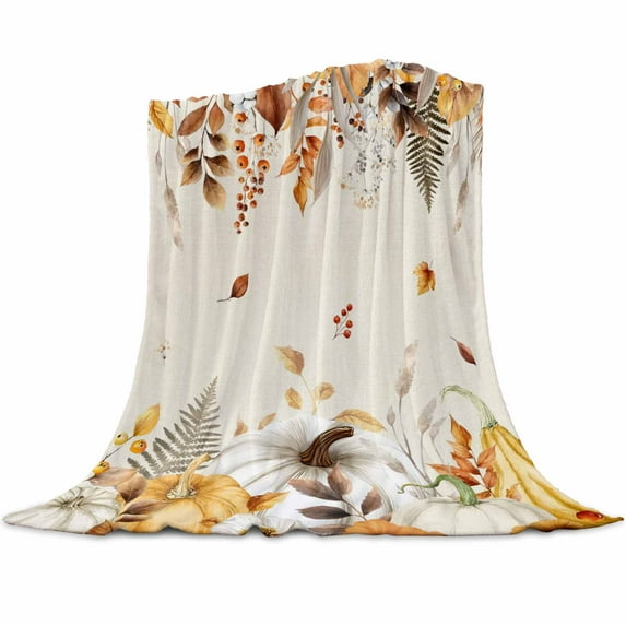 Fall Grey Orange Flannel Blanket for Bed,Travel and Camping, Thanksgiving Pumpkins Maple Rustic Leaf Super Soft Cozy Blanket for All Seasons 32"x48"