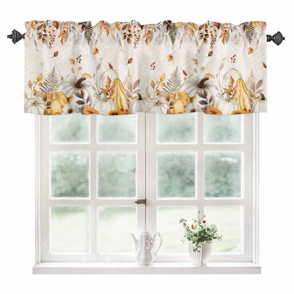 Fall Grey Orange Kitchen Valances for Windows 54x18 Inch Kitchen Curtains Valances Rod Pocket Thanksgiving Pumpkins Maple Leaf Geometric Bathroom Window Valances for Window Treatment Decor