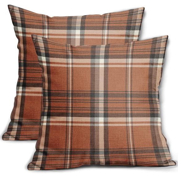 Fall Grey Orange Plaid Pillow Covers 16x16 Set of 2 Buffalo Tartan Print Autumn Themed Decorative Throw Pillows Outdoor Pillowcase Square Linen Farmhouse Cushion Case Decor for Couch Sofa Bed