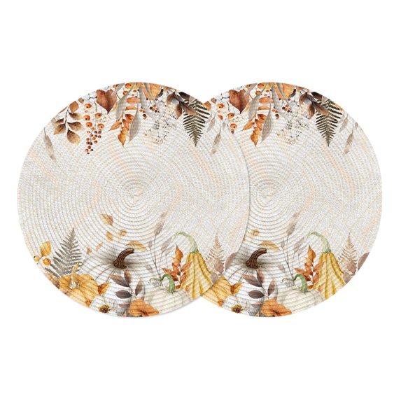 Fall Grey Orange Round Placemats Set of 2,Braided Polypropylene Place Mats,Thanksgiving Pumpkins Maple Leaf Geometric Table Mats for Kitchen Dinner Holiday Wedding Party Coffee Table Decor 15"