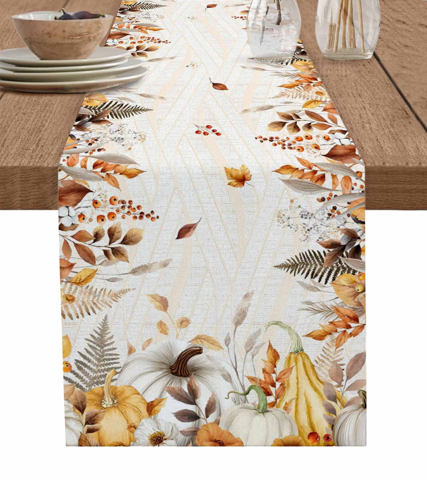 Fall Grey Orange Table Runner 72 Inches, Thanksgiving Pumpkins Maple ...