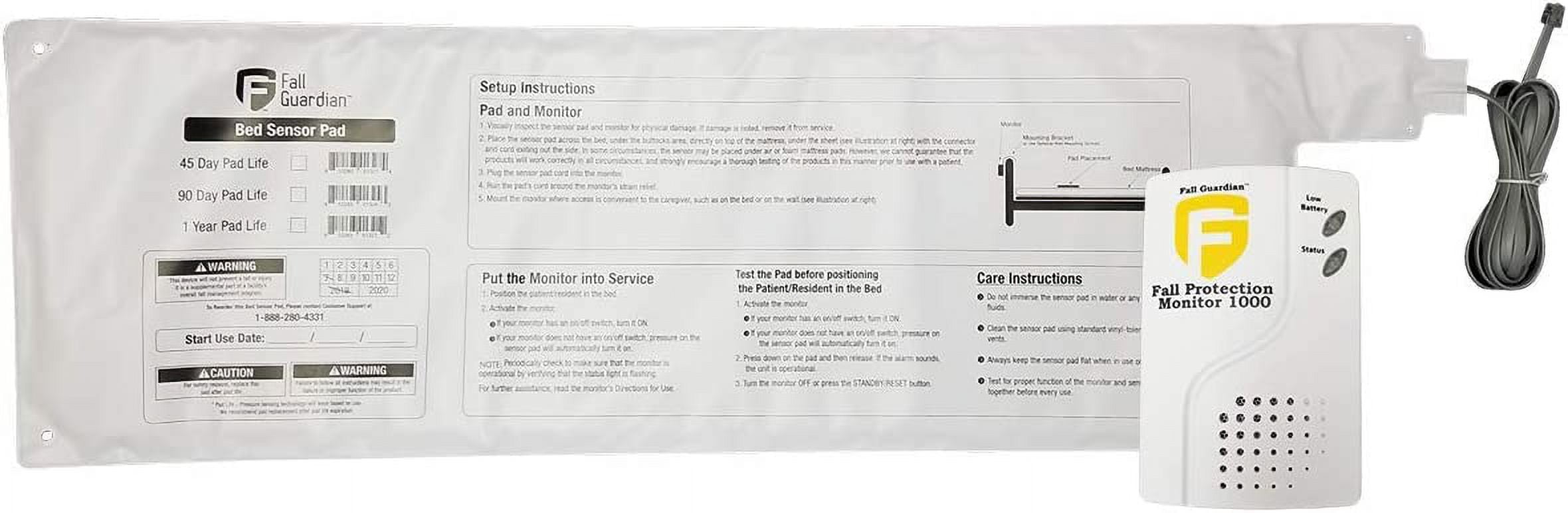 Fall Guardian 1000 Monitor and 10"x30" 45 Day Bed Sensor pad - Automatically alerts Caregiver When Elderly, Dementia, Alzheimer's Patient gets up from Bed with Alarm