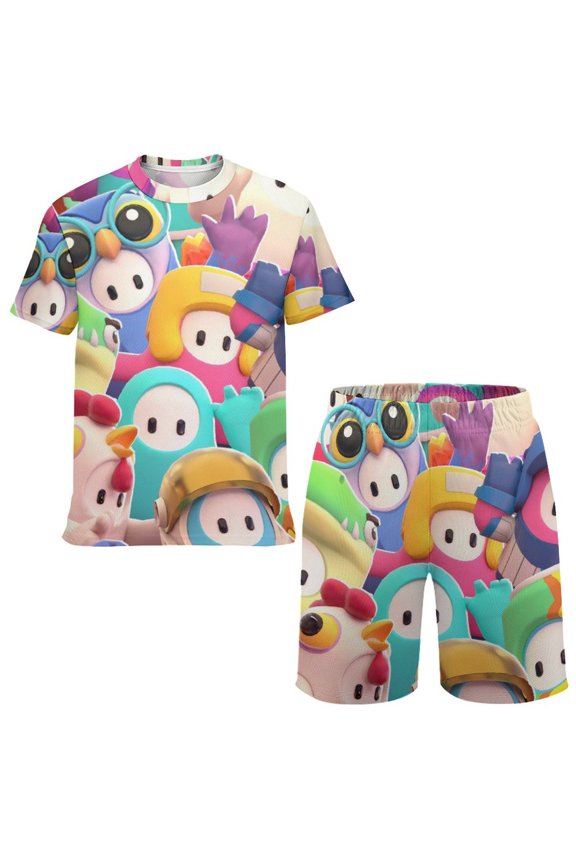 Fall Guys Boys Short Sleeve T-Shirt And Mesh Shorts Outfit Set for Kids