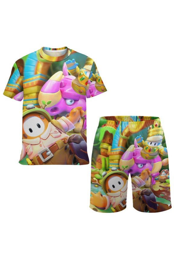 Fall Guys Boys Short Sleeve T-Shirt And Mesh Shorts Outfit Set for Kids