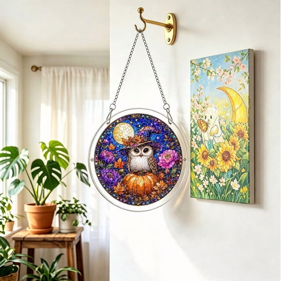 Fall Halloween Acrylic Puzzle Suncatcher, Round Stained Glass Pumpkin Owl Window Hanging Wall Ornament