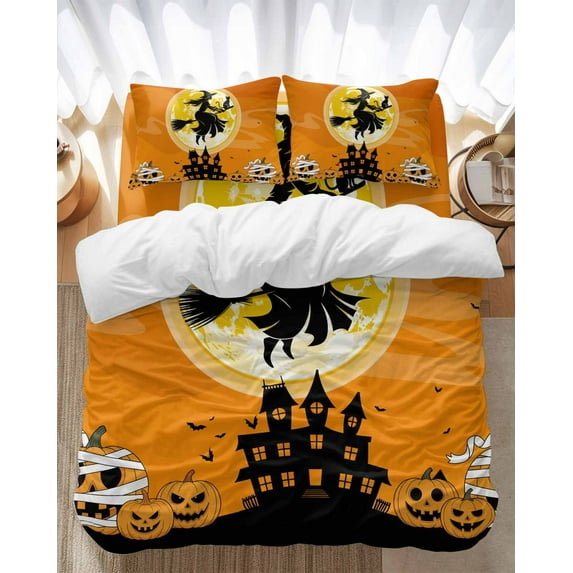 Fall Halloween Bedding Duvet Cover Set Full Size 4 Pieces Witch Cat Moon Castle Silhouette Pumpkin Bedding Set with Zipper Closure, 1 Comforter Cover 86x86 Inches 1 Flat Sheet & 2 Pillow Cases