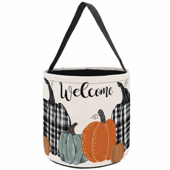 Fall Halloween Bucket Harvest Pumpkin Halloween Buckets Portable Bags with Handle Autumn Beige Welcome Trick or Treat Bucket for Kids Children Thanksgiving Party Supplies Gift 1 PC 8x8.3 Inch