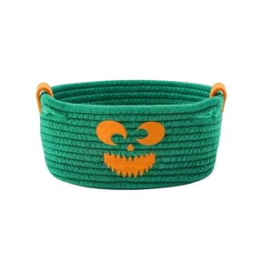 Fall Halloween Cotton Rope Storage Bin, Spooky Pumpkin Black Cat Pattern Woven Basket, Portable Small Organizer Tray for Candy Snack Desktop Decor Holiday Tabletop Decoration (Green)