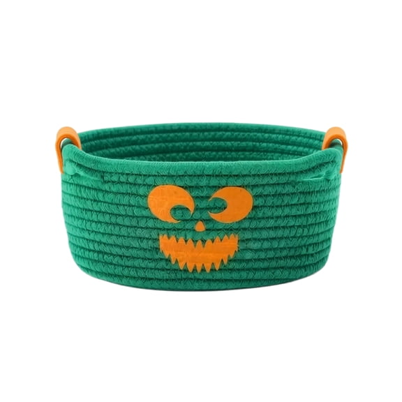 Fall Halloween Cotton Rope Storage Bin, Spooky Pumpkin Black Cat Pattern Woven Basket, Portable Small Organizer Tray for Candy Snack Desktop Decor Holiday Tabletop Decoration (Green)