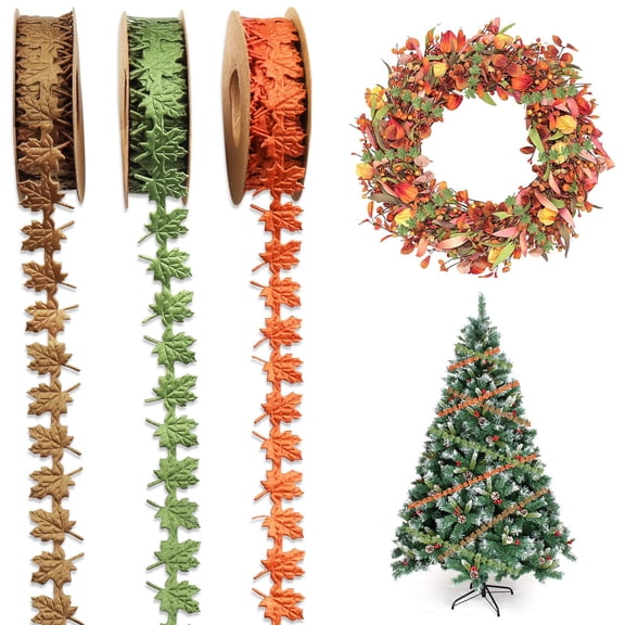 Fall & Halloween Cutout Ribbon, 3 Rolls Decor Fabric Trim, Maple Leaf, Pumpkin, Ghost & Bat Pattern Ribbon, Each Roll 11 Yards