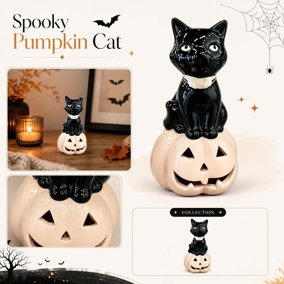 Fall and Halloween Decor, Halloween Cat Decor, Ceramic Pumpkin Decor, Halloween Home Decor Indoor, 4.72 in X 2.36 in Cute Glazed Black Cat Perched on Light Pink Cutout Pumpkin