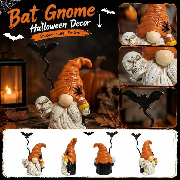 Fall Halloween Decor, Orange Gothic Style Statue with Black Bat and Details, Indoor Halloween Decor for Fall and Thanksgiving Home Accent, Home Decor Gifts for Collectors, Hand