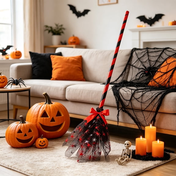 Fall Halloween Decoration for Home Indoor Outdoor Clearance Under $5.00!35in Halloween Witch Brooms Decoration Mesh Magics Flying Broomstick Prop For Party Costumes Haunteds House Wall Hanging Decor