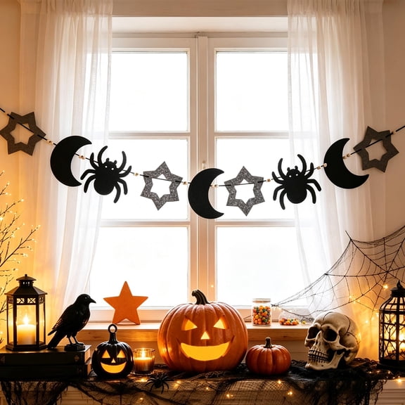 Fall Halloween Decoration for Home Indoor Outdoor Clearance Under $5.00!Halloween Pennant Garland Lunar Sliver Web Critter Star Cutout Bunting For Wall Background Holiday Theme Party Scene Ornament