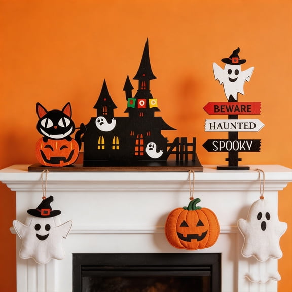 Fall Halloween Decoration for Home Indoor Outdoor Clearance Under $5.00!Halloween Wooden Tabletop Decorations Spooky Castle Ghost And Pumpkin Centerpieces For House Themed Party Home And Office