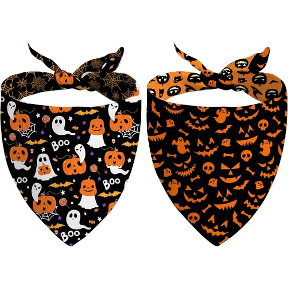 Fall Halloween Dog Bandanas Reversible 2 Pack Large,Black Pumpkin Ghost Spider Web Cute Halloween Pet Bandanas for Dog Triangle Holiday Scarves for Medium Large Extra Large Boy Girl Dogs