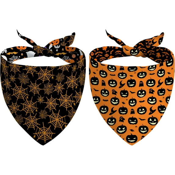 Fall Halloween Dog Bandanas Reversible 2 Pack Small, Black Pumpkin Ghost Spider Web Cute Halloween Pet Bandanas for Dogs Adjustable Triangle Holiday Scarves for Small Medium Boy Girl Dogs