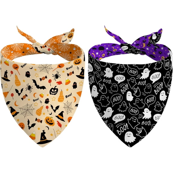 Fall Halloween Dog Bandanas Reversible 2 Pack Small Orange Black Spider Web Ghost Witch Hat Cute Halloween Pet Bandanas for Dogs Adjustable Triangle Holiday Scarves for Small Medium Boy Girl Dogs