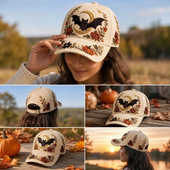 Fall Halloween Embroidered Baseball Cap,Vintage Bat Floral Adjustable Trucker Hat,Casual Holiday Accessory for Women Men