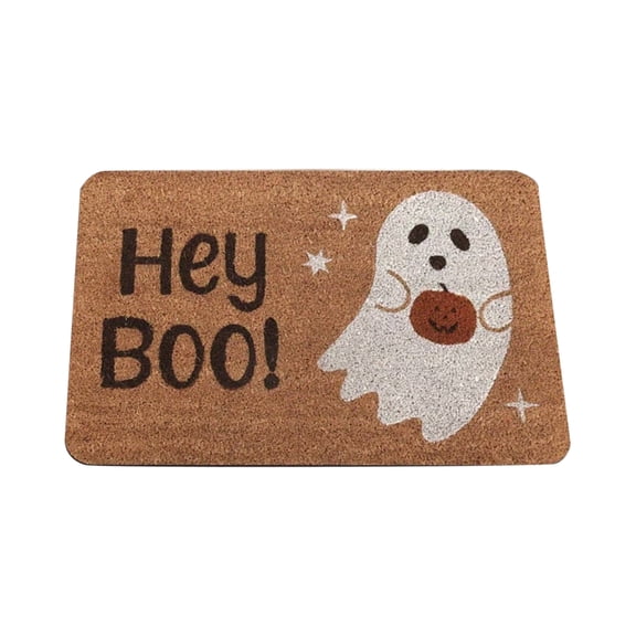 Fall Halloween Front Door Mat, Hey Boo Ghost Coir Look Rug, Non Slip Absorbent Doormat, Cute Ghost Design Halloween Porch Decorations