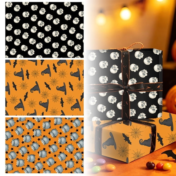 Fall Halloween Harvest Wrapping Paper Witch Hat Bat Seasonal Pattern Gift Wrap Sheet Holiday Present Packaging Craft Paper for Autumn Party Treat Box DIY Home Table Decor Supply