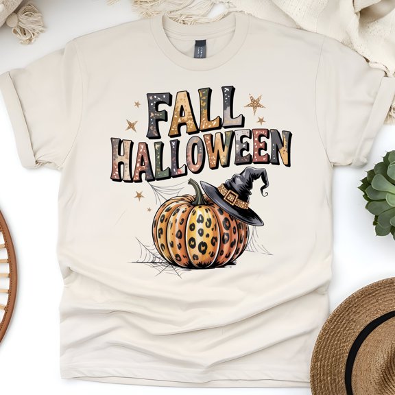 Fall Halloween Leopard Pumpkin Graphic Tee for Women, Witch Hat Autumn Shirt, Natural, Size XL