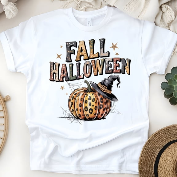 Fall Halloween Leopard Pumpkin Graphic Tee for Women, Witch Hat Autumn Shirt, White, Size S