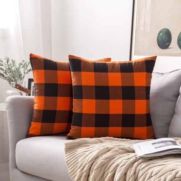 Fall Halloween Pack of 2 Buffalo Check Farmhouse Checker Plaids Accent Throw Pillow Covers Polyester Linen Outdoor Cushion Case for Sofa Couch Orange and Black 20 x 20 Inch 50 x 50 Cm
