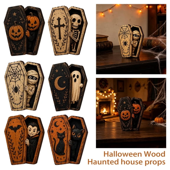 Fall Halloween Party Decoration, Pumpkin Peeking Vintage Coffin Figurine Decor, Whimsical Horror Indoor Halloween Accent, Creepy Cute Shelf Sitter Halloween Gift, 4X3 Inch Resin