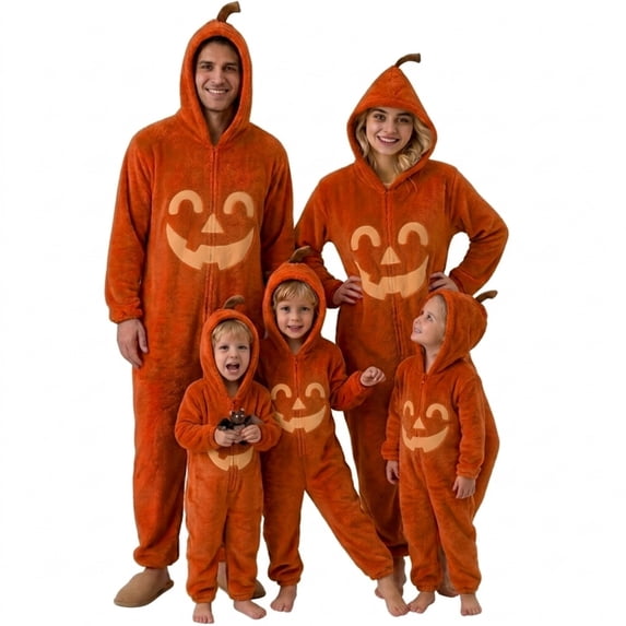 Fall Halloween Pjs,Halloween Pumpkin Onesie Family Matching Set, Fuzzy Jack O' Lantern Plush Pajama with Hooded Pumpkin Stem, Fall Halloween Family Matching Loungewear for Indoor Outdoor Party-D,M