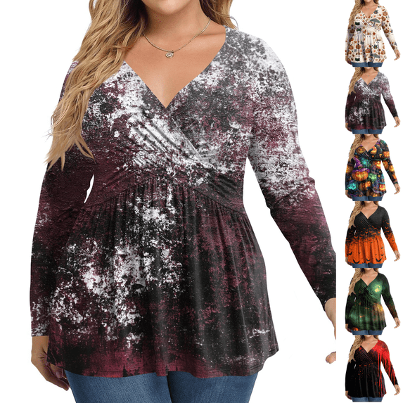Fall Halloween Plus Size V Neck Wrap Flowy Graphic Long Sleeve Blouse Tops Dark Gray 3XL