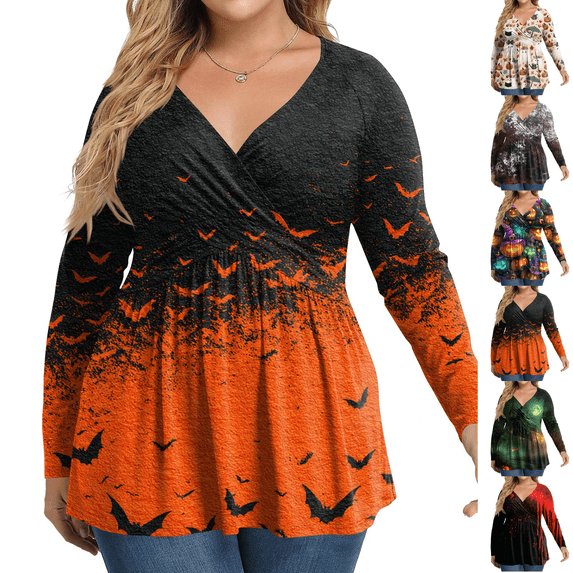 Fall Halloween Plus Size V Neck Wrap Flowy Graphic Long Sleeve Blouse Tops Earthy Yellow 2XL