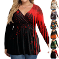 thumbnail image 1 of Fall Halloween Plus Size V Neck Wrap Flowy Graphic Long Sleeve Blouse Tops Red XL, 1 of 6