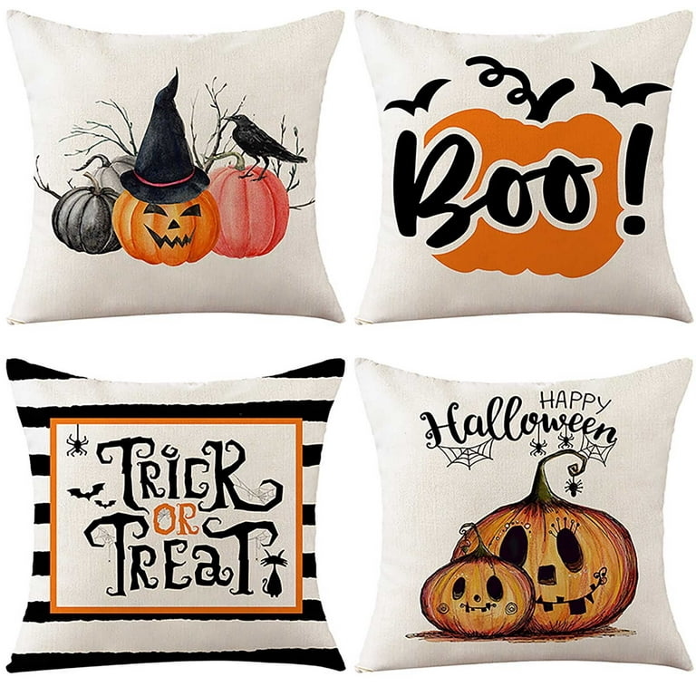 Set of 4 Halloween Trick or Treat Pillow Covers 18 x 18 with 4