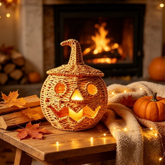 Fall Halloween Rattan Pumpkin Decor Lantern, Handwoven Hollow Face Flameless LED Candle Holder, Warm Glow Farmhouse Ornament for Porch Dining Table Mantel Gift