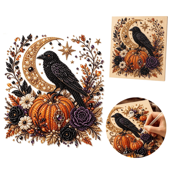 Fall Halloween Raven Moon Pearl Art Kit, Premium Crystal Pearl Rhinestone Canvas Painting with Pumpkin Flowers, DIY Craft Bedroom Living Room Halloween Ornament,Style D
