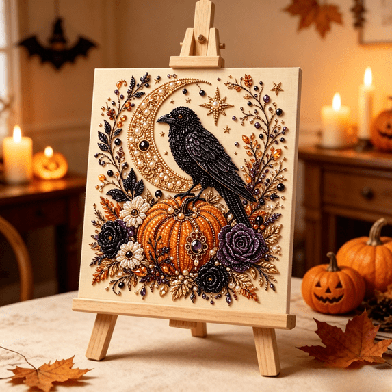 Fall Halloween Raven Moon Pearl Art Kit, Premium Crystal Pearl Rhinestone Canvas Painting with Pumpkin Flowers, DIY Craft Bedroom Living Room Halloween Ornament,Style D