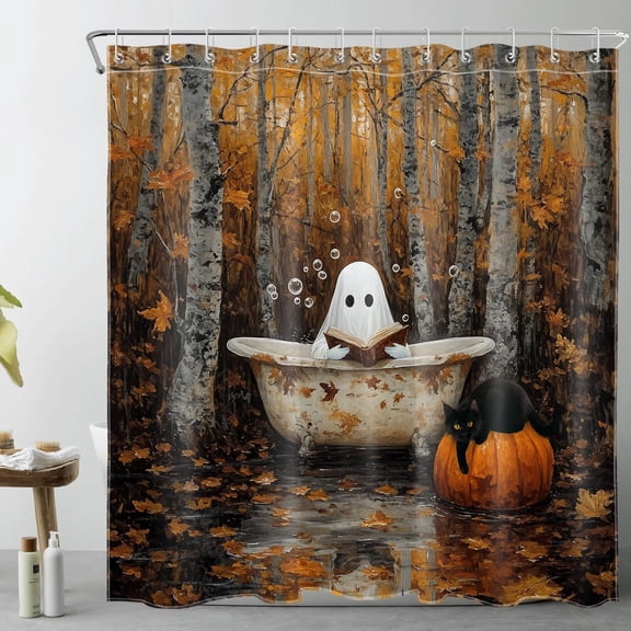 Fall Halloween Shower Curtain for Bathroom, Funny Black Cat with Ghost in Bathtub in Fall Forest Fabric Shower Curtain, Harvest Pumpkin Bathroom Shower Curtains Set with Hooks, 72x72 inch