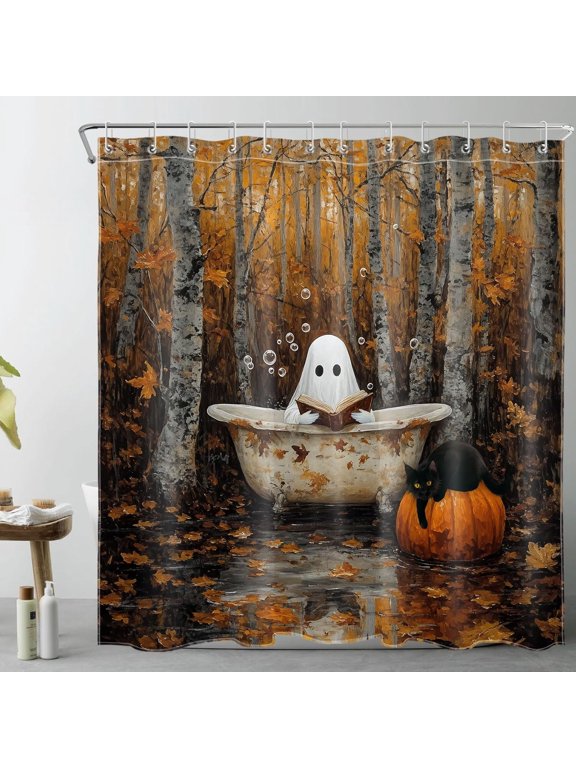 Fall Halloween Shower Curtain for Bathroom, Funny Black Cat with Ghost in Bathtub in Fall Forest Fabric Shower Curtain, Harvest Pumpkin Bathroom Shower Curtains Set with Hooks, 72x72 inch