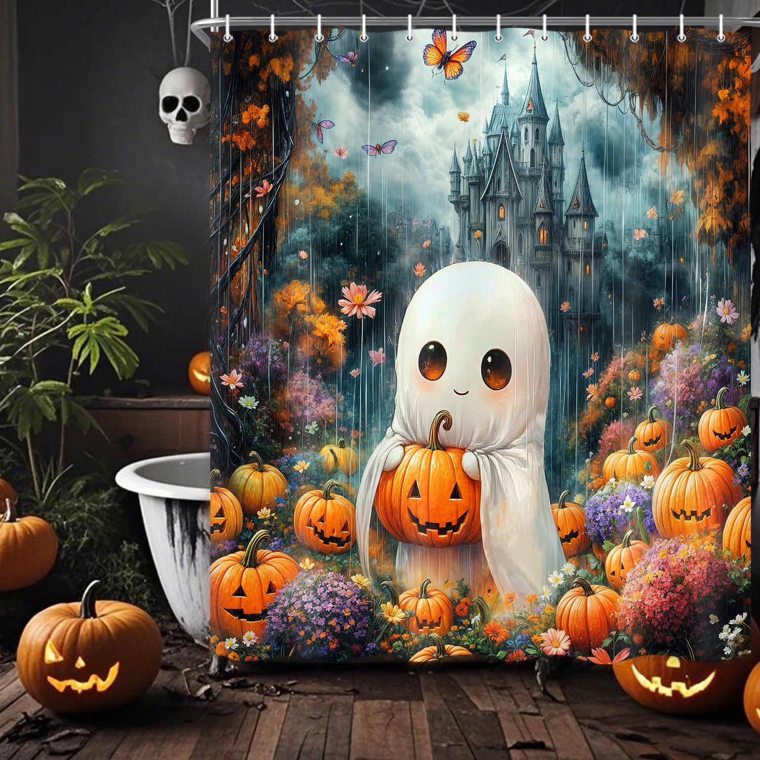 Fall Halloween Shower Curtain, Cute Spooky Halloween Ghost Castle in the Rain Bath Curtain, Funny Gothic Pumpkins Floral Waterproof Shower Curtain Set with Hook, 60X70in