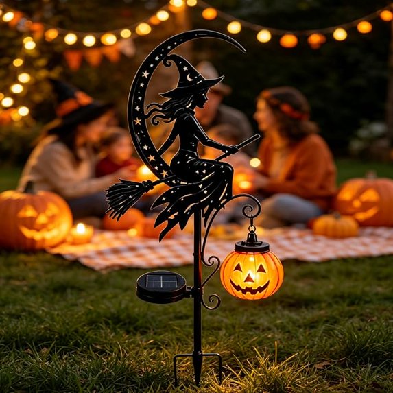 Fall Halloween Solar Ground Stake Light, Metal Crescent Moon Witch With Two Glowing Pumpkin Jack O Lanterns, IP44 Waterproof LED Light For Outdoor Lawn Walkway Holiday Arrangement