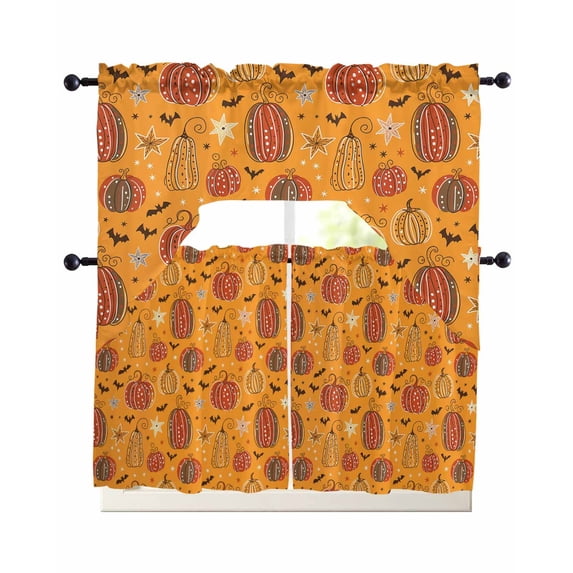 Fall Halloween Swag Curtains for Living Room/Bedroom Windows, Thanksgiving Pumpkins Autumn Bat Kitchen Curtains and Valances Set 36 Inch Length, Light Filtering Swags Valance Curtain Panels