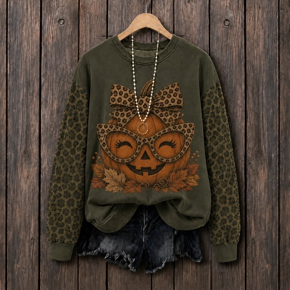 Fall Halloween Sweatshirt Women Cute Leopard Pumpkin Print Crewneck Long Sleeve Casual Pullover Tops