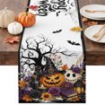thumbnail image 1 of Fall Halloween Table Runner - 72 Inch Long Orange Pumpkins Wizard Hats Floral Bats Horror Cotton and Linen Blended Dress Scarves Farmhouse Table Runner for Kitchen Dining, Coffee Table, 13" x 72", 1 of 8