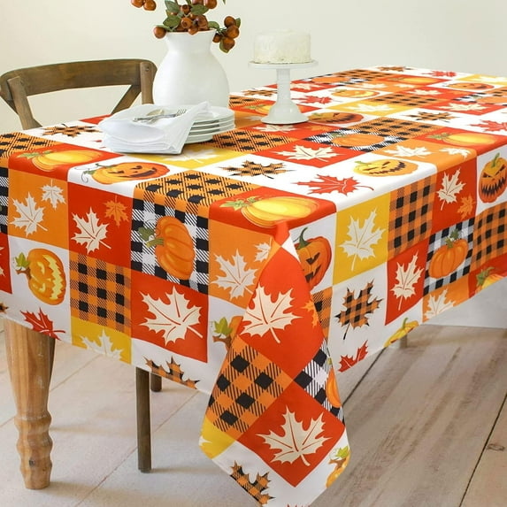 Fall Halloween Tablecloth, Autumn Maple Leaves Pumpkin Table Cloth Waterproof, Fall Halloween Kitchen Table Decor for Dining Holiday Party 60x120 Inch Rectangle