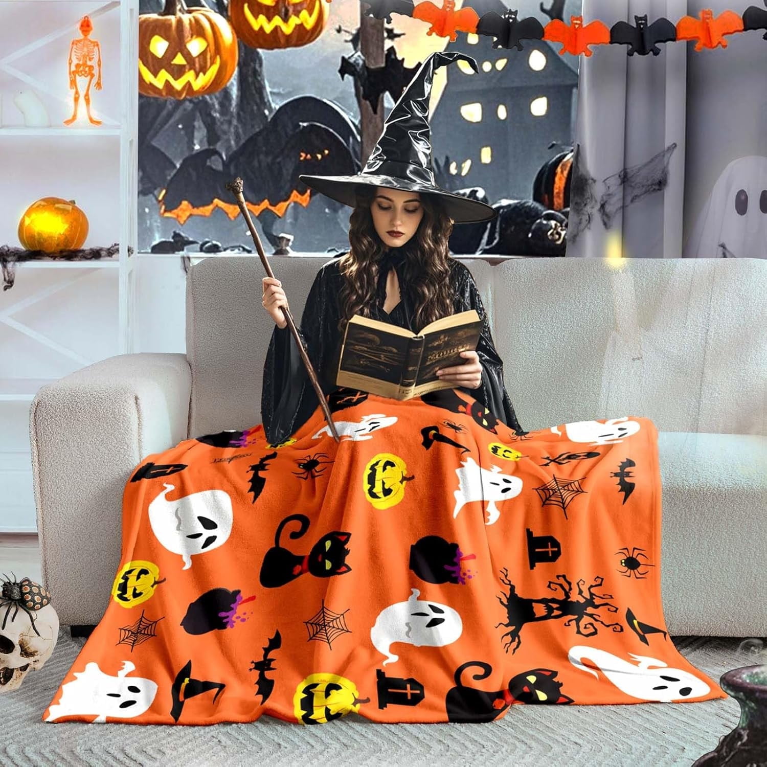 Fall Halloween Throw Blanket, Halloween Black Kitty Pumpkin Ghost Spooky Velvet Fleece for Sofa Bed Couch Chair Dorm 50" x 60"