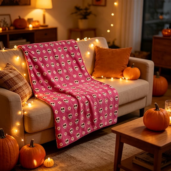 Fall Halloween Throw Blanket, Summer Ween Oversize Super Soft Lint Throw Blankets Summer Patio Pool Halloween Throws Pinky Skull Flower Patterns Comfortable Blanket, 75x 39.4"