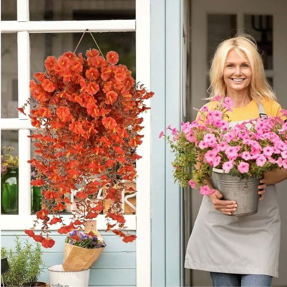 Fall Hanging Baskets,Fall Artificial Fake Mums Hanging Flowers Plants Basket for Outdoor Decoration,Faux Silk Daisy UV Resistant Look Real for Home Porch Patio Balcony Yard Autumn Decor(Orange)